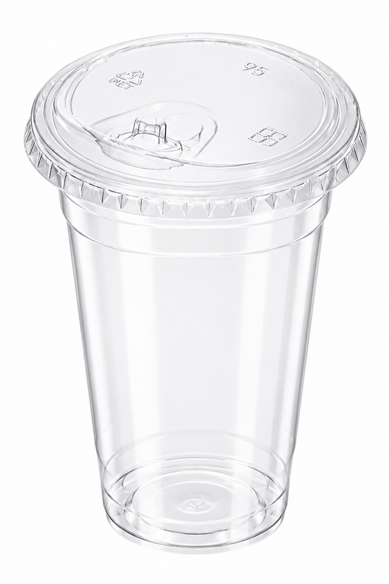 A clear plastic takeaway cup with a matching clear plastic lid and a flip-top straw, shown on a plain white background.