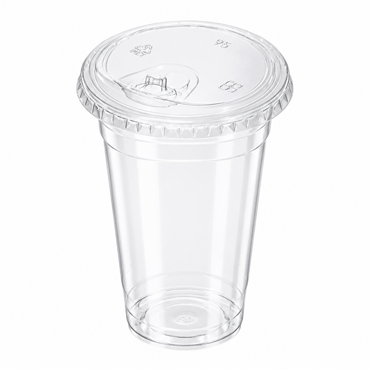 A clear plastic takeaway cup with a matching clear plastic lid and a flip-top straw, shown on a plain white background.