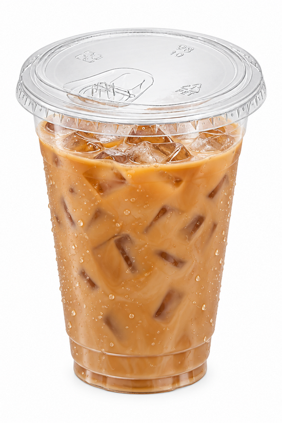 An iced coffee drink in a clear plastic cup with a matching clear lid, photographed on a clean white background.