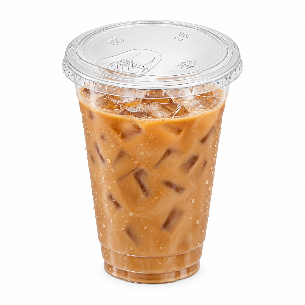 An iced coffee drink in a clear plastic cup with a matching clear lid, photographed on a clean white background.
