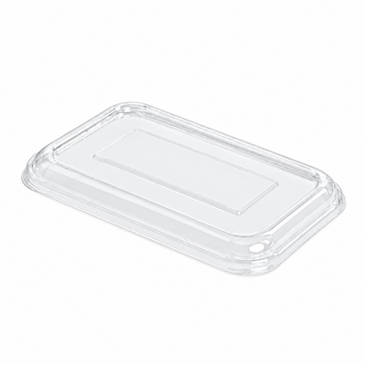 A clear plastic rectangular lid with rounded corners, shown at an angle on a light gray background.