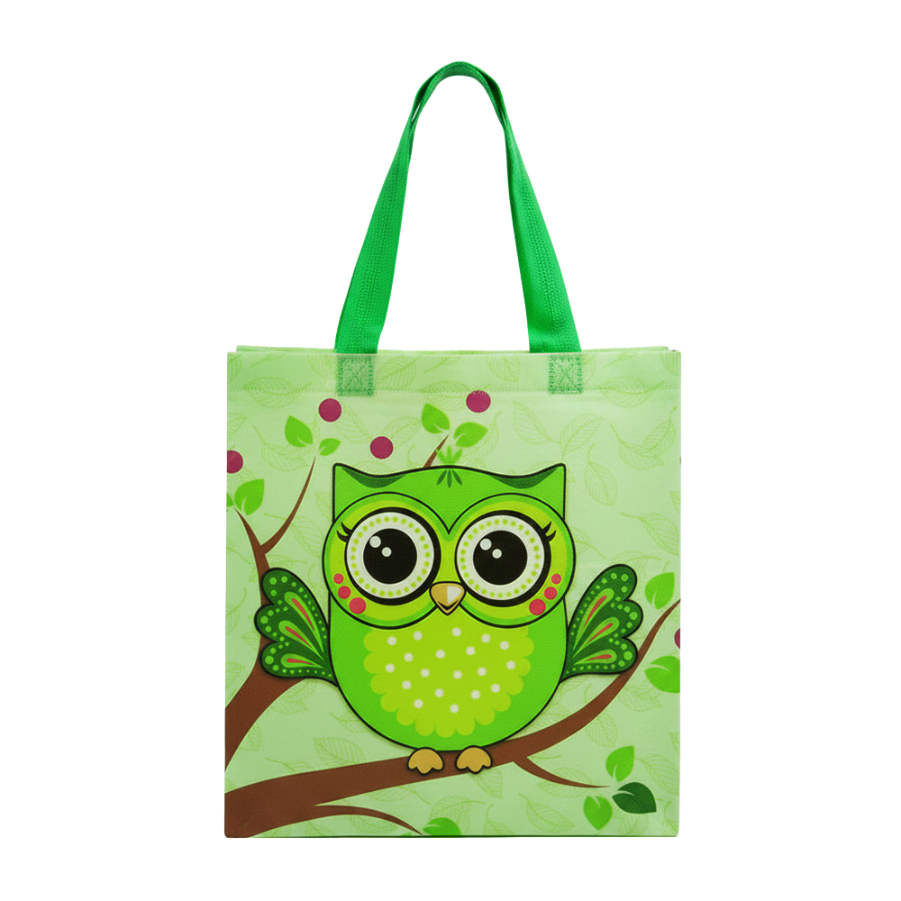 Medium PP Printed Green Owl Non-Woven Bag - Pack of 10