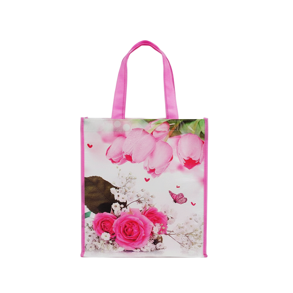 Medium PP Printed Pink Tulips Non-Woven Bag - Pack of 10