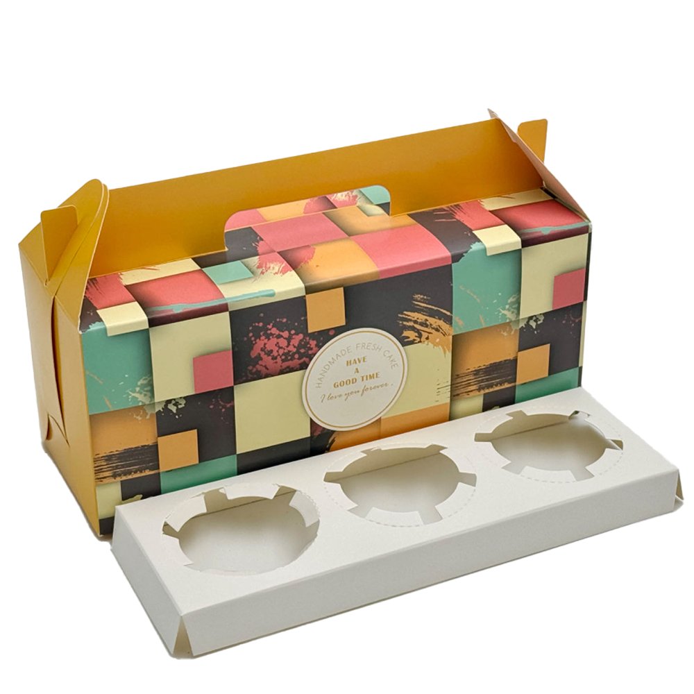 Printed Paper Cake Box Handle With Cupcake Tray - Bright Orange Theme - TEM IMPORTS™