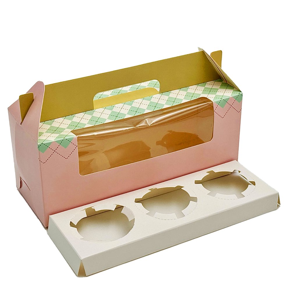 Printed Paper Cake Box Handle With Cupcake Tray - Checkered Pattern - TEM IMPORTS™