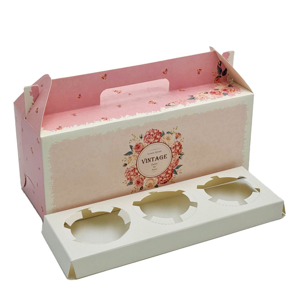 Printed Paper Cake Box Handle With Cupcake Tray - Vintage Rose Theme - TEM IMPORTS™