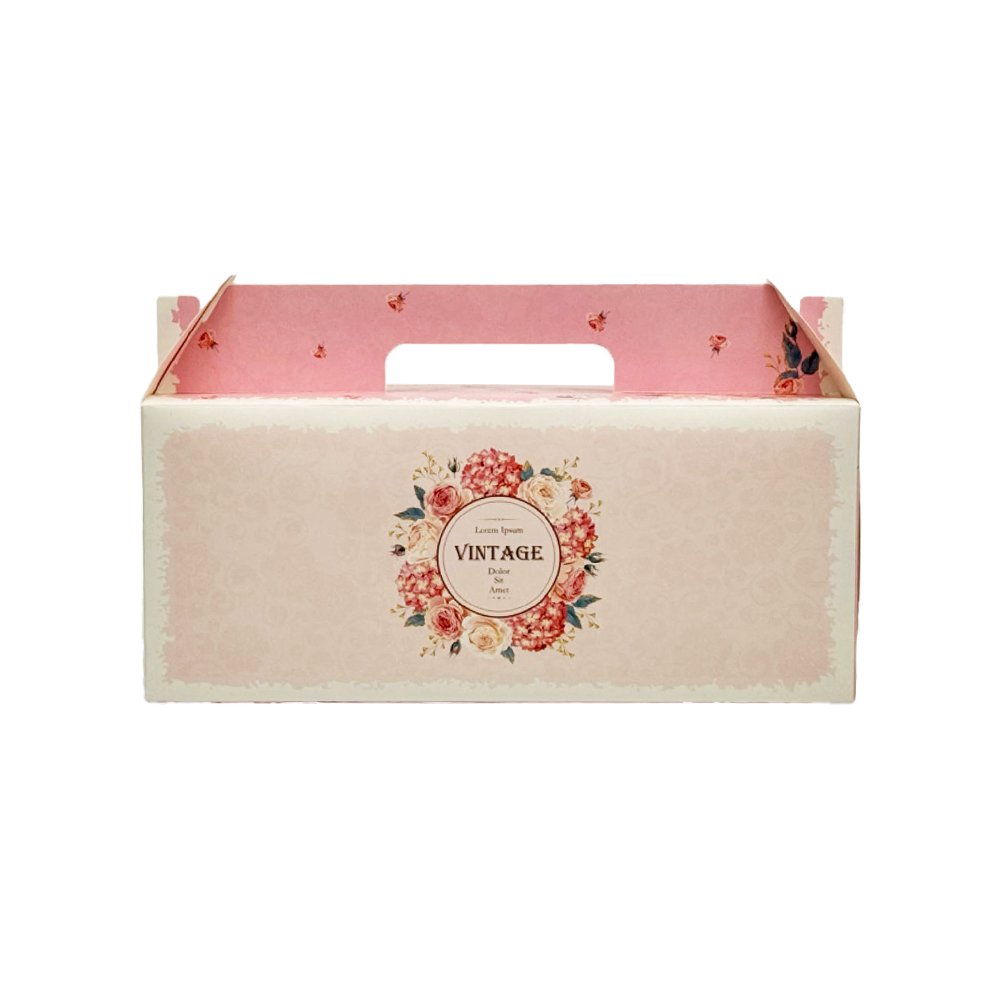 Printed Paper Cake Box Handle With Cupcake Tray - Vintage Rose Theme - TEM IMPORTS™