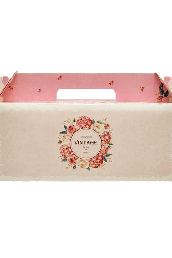 Printed Paper Cake Box Handle With Tray - Vintage Rose Theme - TEM IMPORTS™