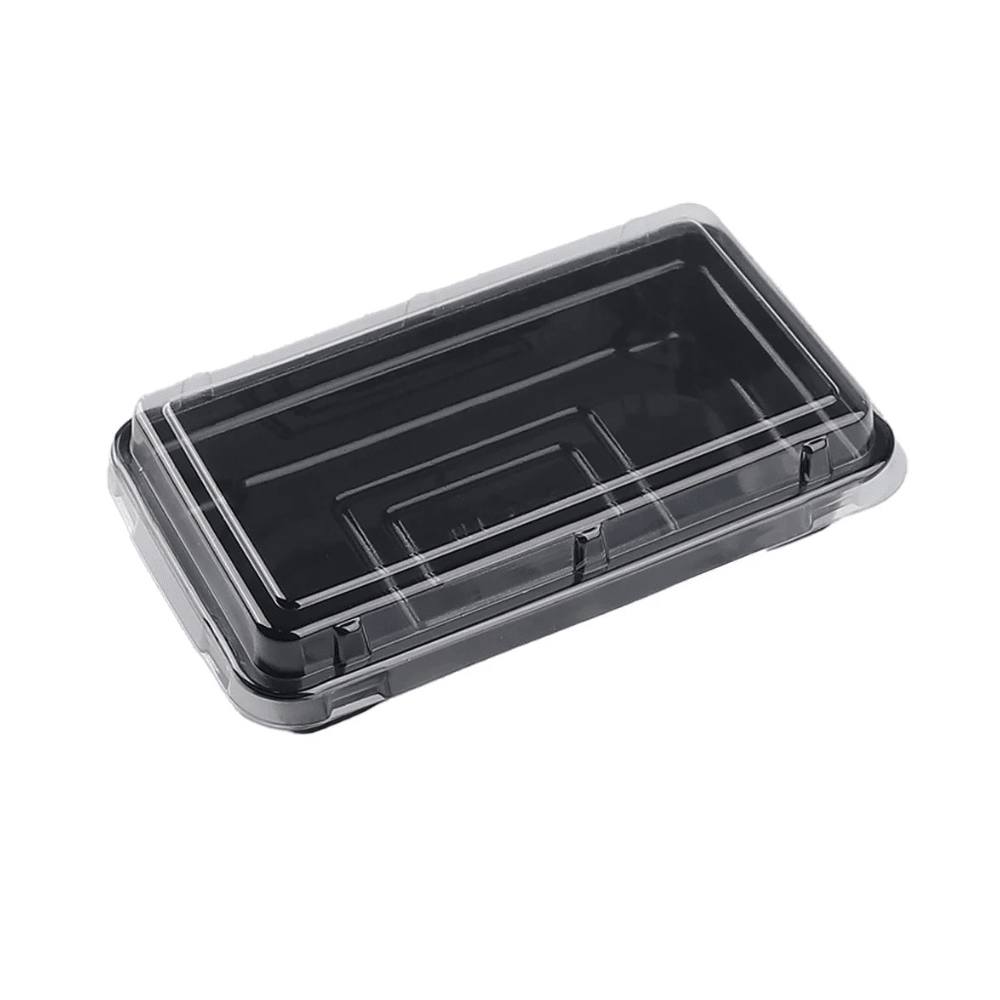 Small Black Rectangular Plastic Cake Tray with Clear PET Lid - TEM IMPORTS™
