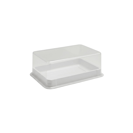 Small White Rectangular Plastic Cake Tray With Clear Lid - TEM IMPORTS™