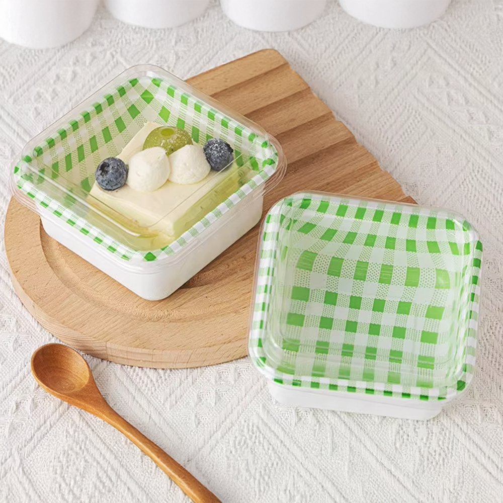 Square Checkered Pattern Green With Clear PET Lid - TEM IMPORTS™