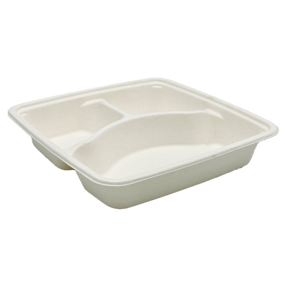 Square Takeaway Sugarcane 9" Inch Tray - 3 Compartment - TEM IMPORTS™