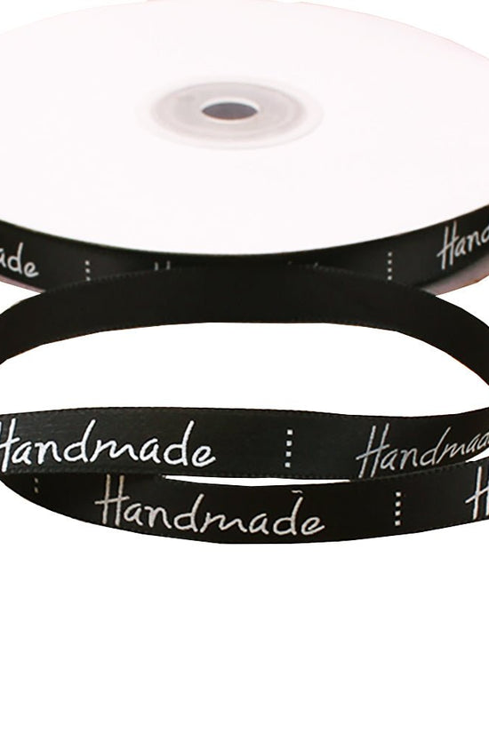 10mm 'Handmade' Printed Satin Ribbon - Black - TEM IMPORTS™