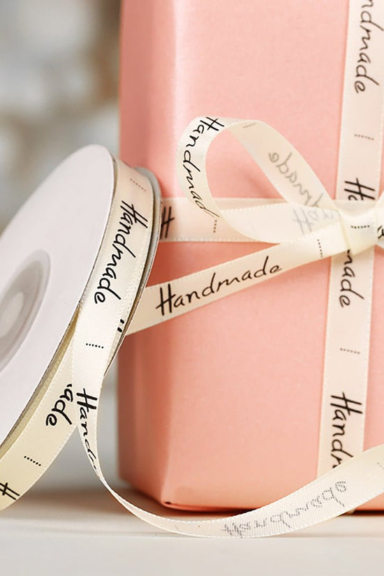 10mm 'Handmade' Printed Satin Ribbon - Cream - TEM IMPORTS™