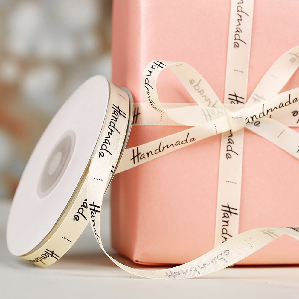 10mm 'Handmade' Printed Satin Ribbon - Cream - TEM IMPORTS™