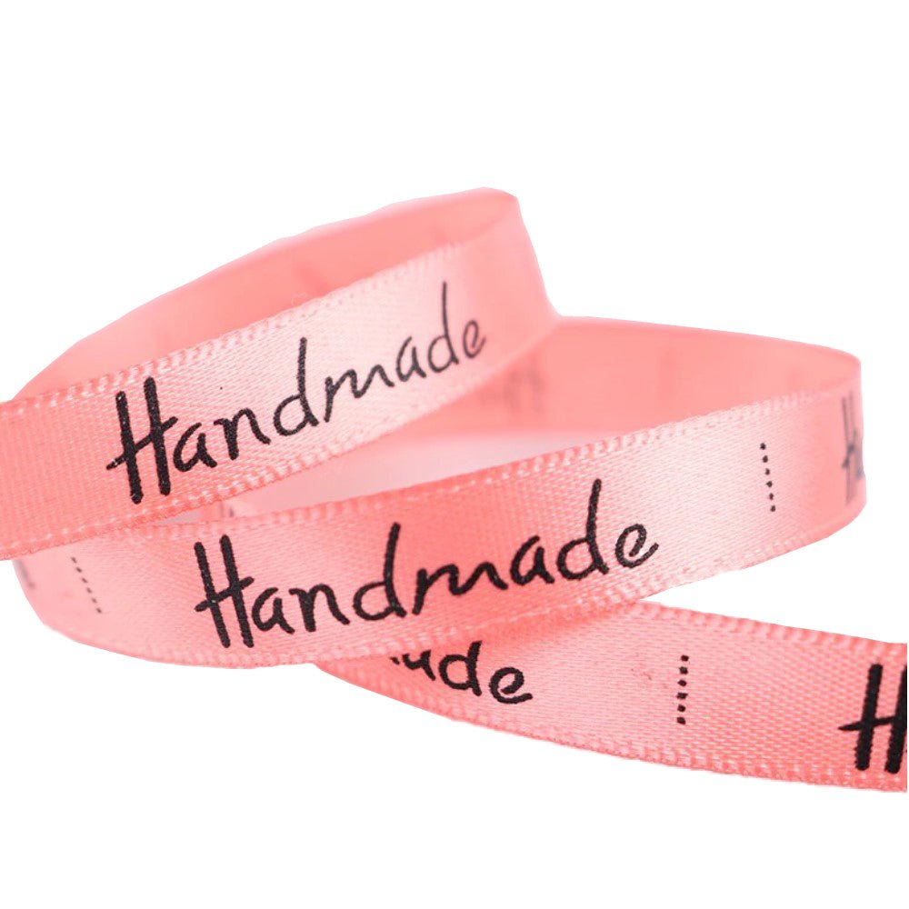 10mm 'Handmade' Printed Satin Ribbon - Peach - TEM IMPORTS™