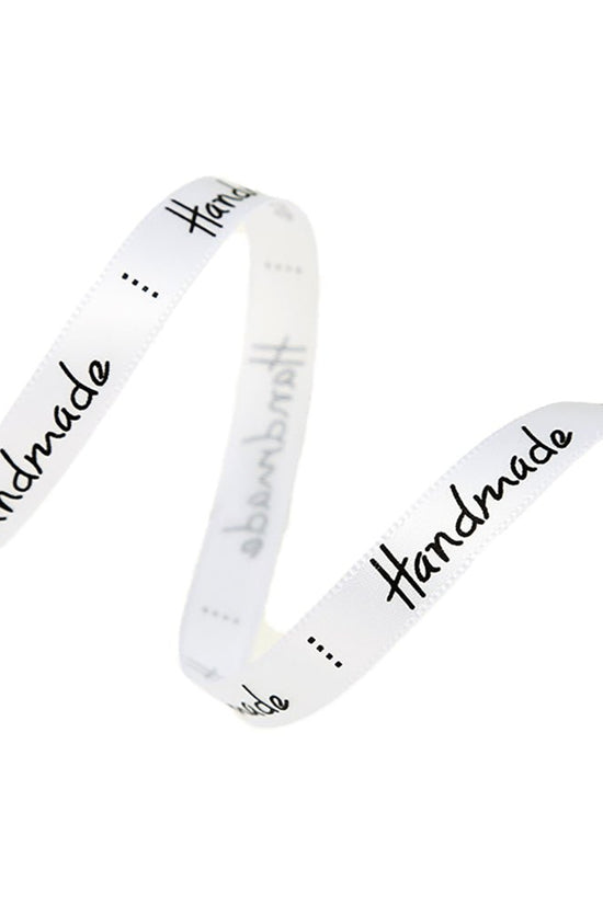 10mm 'Handmade' Printed Satin Ribbon - White - TEM IMPORTS™