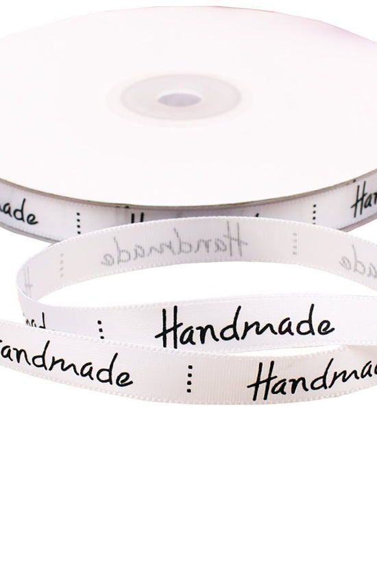10mm 'Handmade' Printed Satin Ribbon - White - TEM IMPORTS™