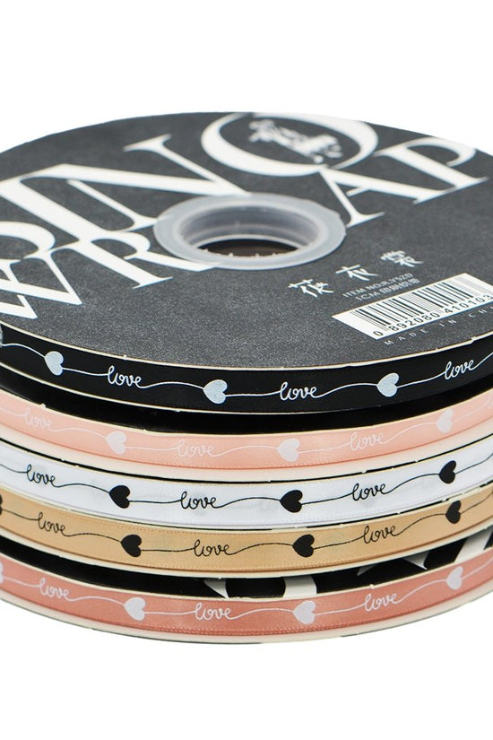 10mm 'Love With Heart' Printed Satin Ribbon - Peach - TEM IMPORTS™