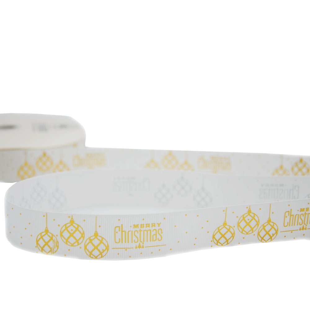 25mm Grosgrain Ribbon - Globes Merry Christmas White - TEM IMPORTS™