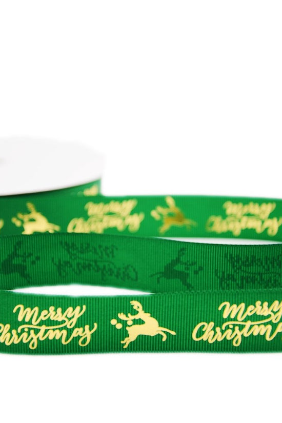 25mm Grosgrain Ribbon - Merry Christmas Reindeer Green - TEM IMPORTS™