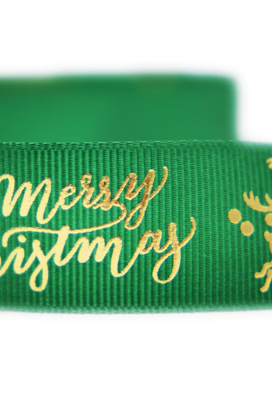 25mm Grosgrain Ribbon - Merry Christmas Reindeer Green - TEM IMPORTS™