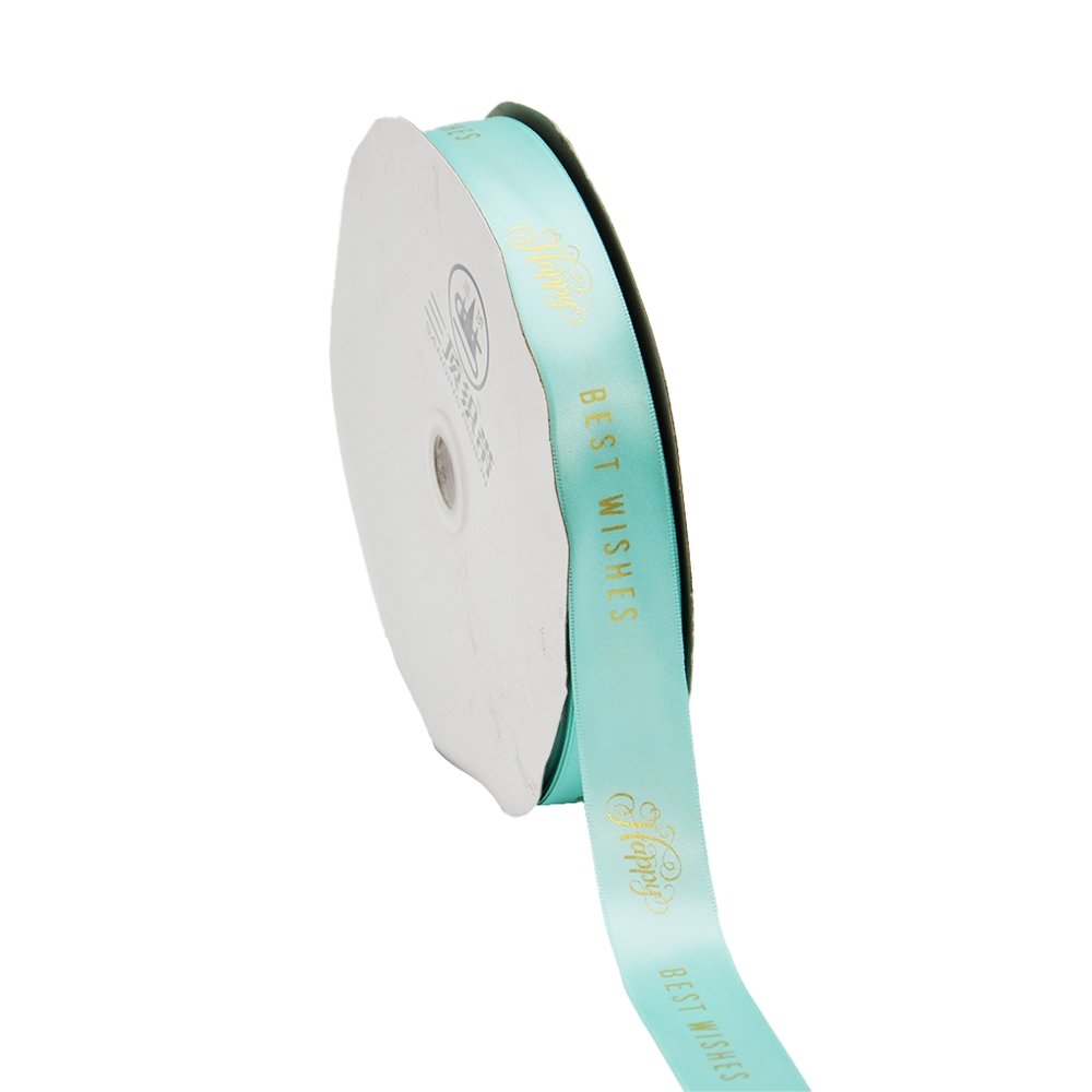 25mm 'Happy Best Wishes' Printed Satin Ribbon - Aqua - TEM IMPORTS™