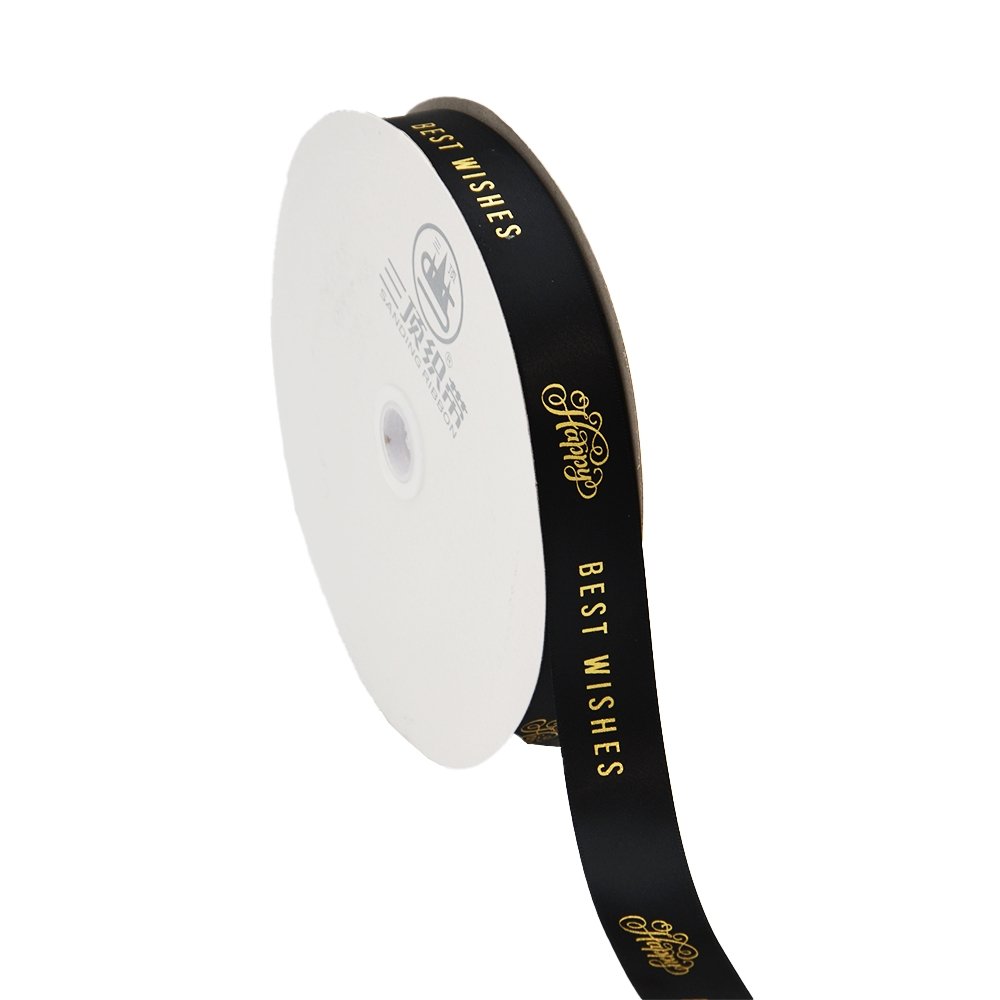 25mm 'Happy Best Wishes' Printed Satin Ribbon - Black - TEM IMPORTS™