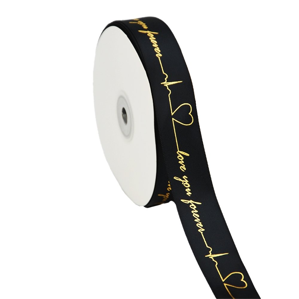 25mm 'Love You Forever' Printed Satin Ribbon - Black - TEM IMPORTS™