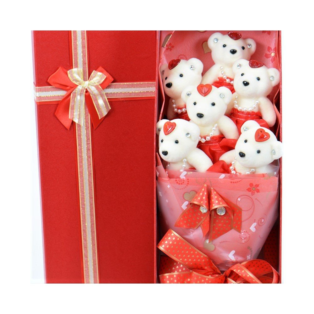 6 Teddy Bear Bouquet Box - Red - TEM IMPORTS™