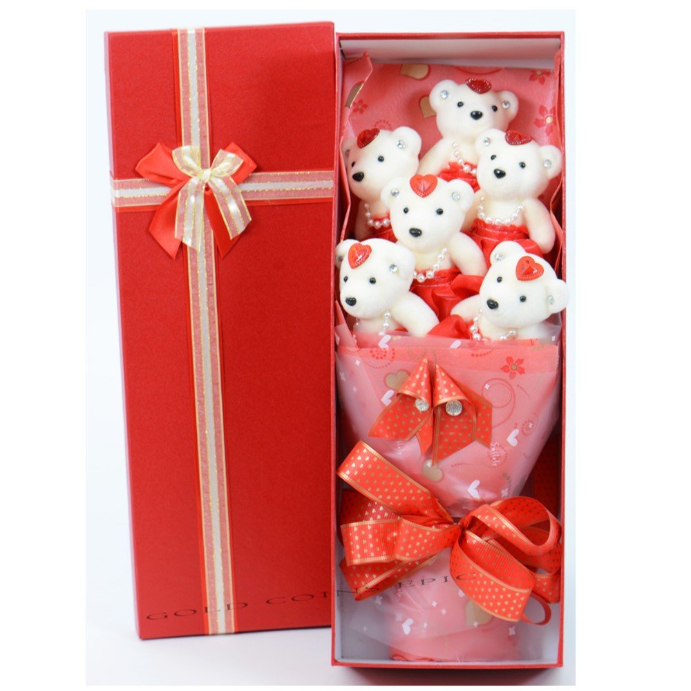 6 Teddy Bear Bouquet Box - Red - TEM IMPORTS™