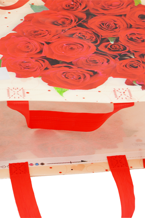Medium PP Printed Red Heart Roses Non-Woven Bag - Pack of 10