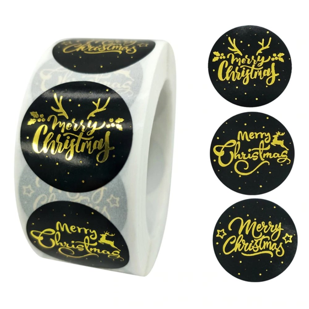 Black Seal Label Stickers Roll 'Christmas With Gold Word' - TEM IMPORTS™