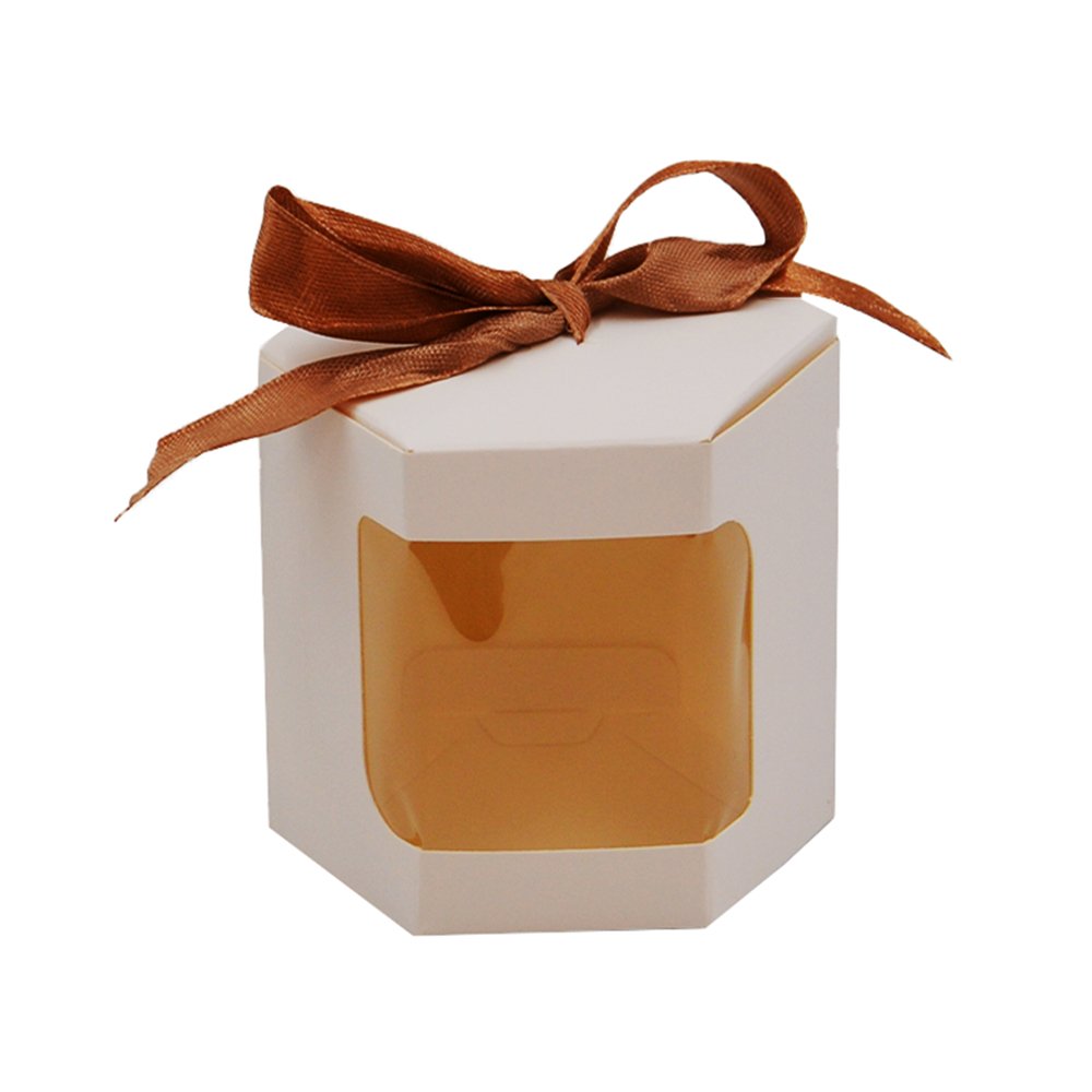 Glossy White Hexagon Shape Paper Box With Ribbon - TEM IMPORTS™