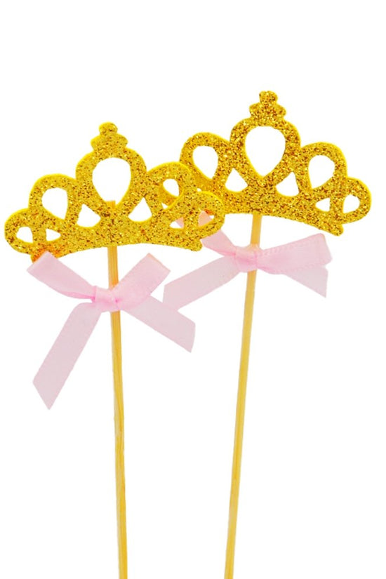 Gold Crown With Pink Bow Cake Topper - Pack of 2 - TEM IMPORTS™