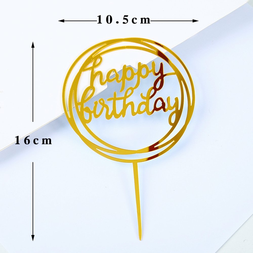 Happy Birthday Mirror Gold Circle Cake Topper - TEM IMPORTS™