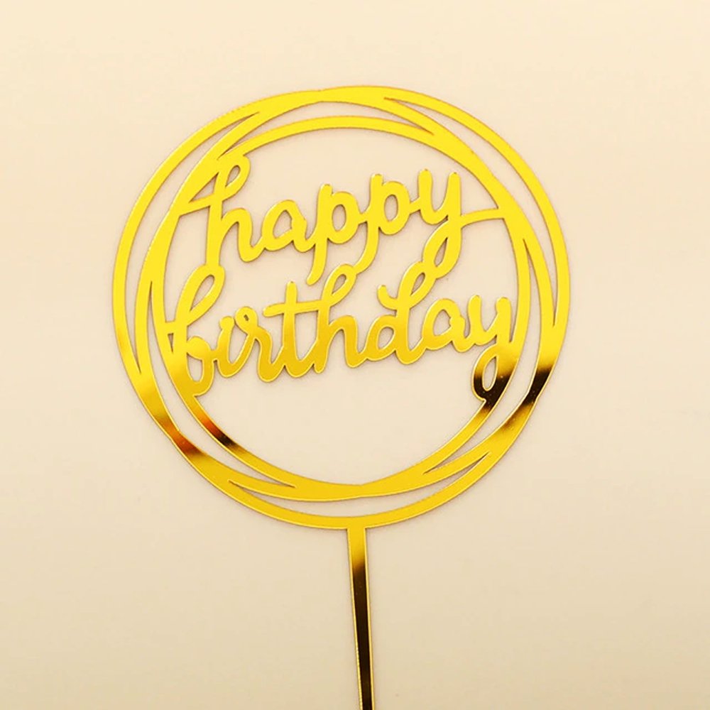 Happy Birthday Mirror Gold Circle Cake Topper - TEM IMPORTS™