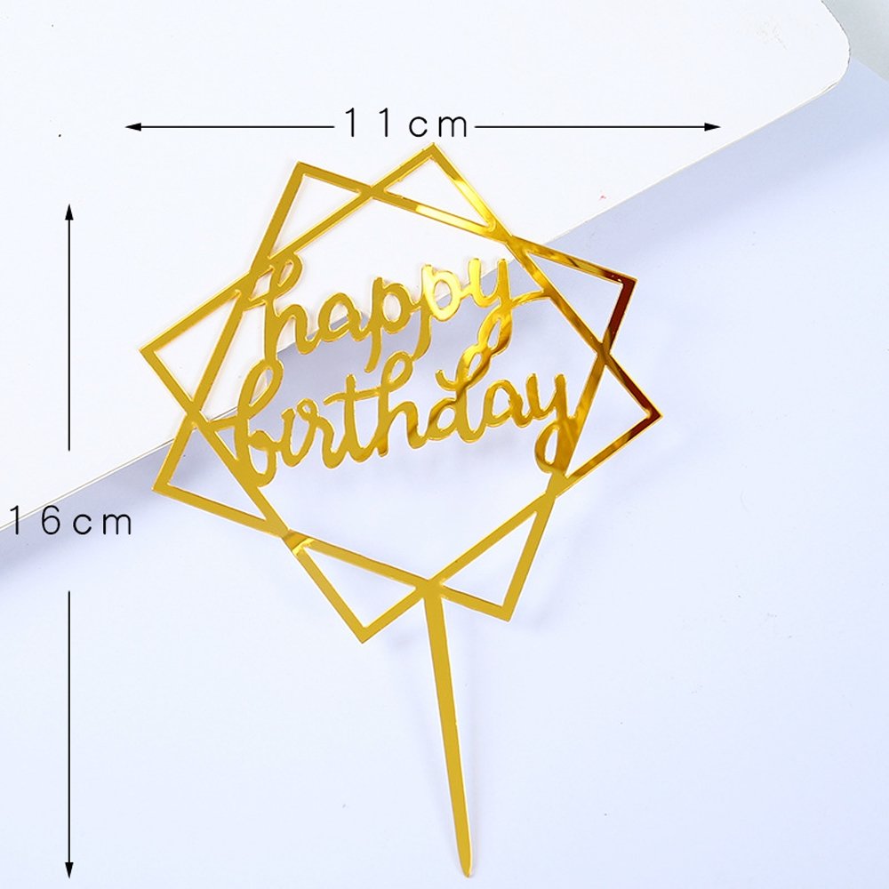 Happy Birthday Mirror Gold Square Cake Topper - TEM IMPORTS™