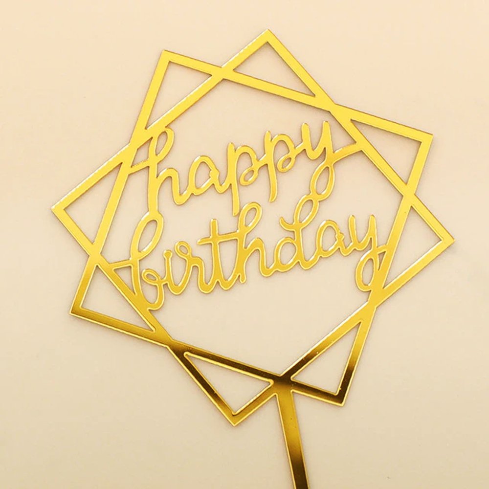 Happy Birthday Mirror Gold Square Cake Topper - TEM IMPORTS™