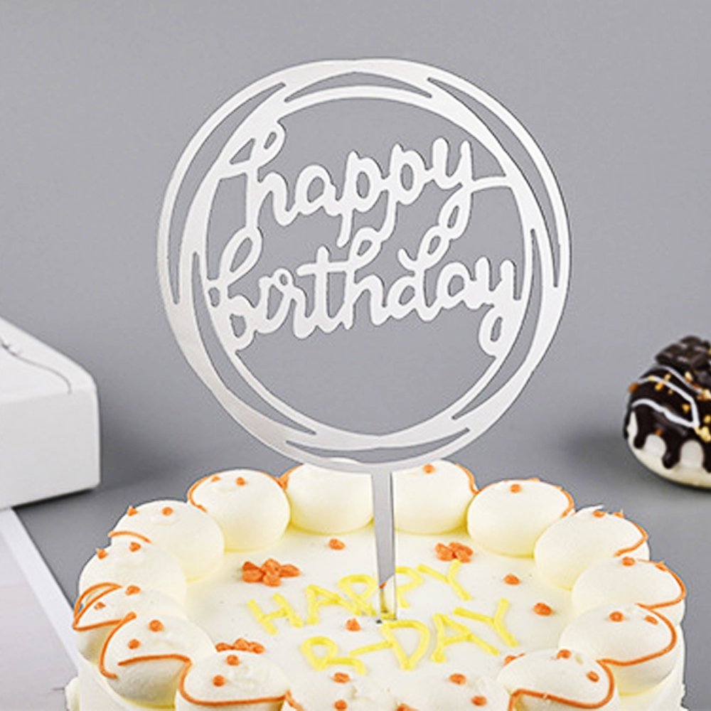 Happy Birthday Mirror Silver Circle Cake Topper - TEM IMPORTS™