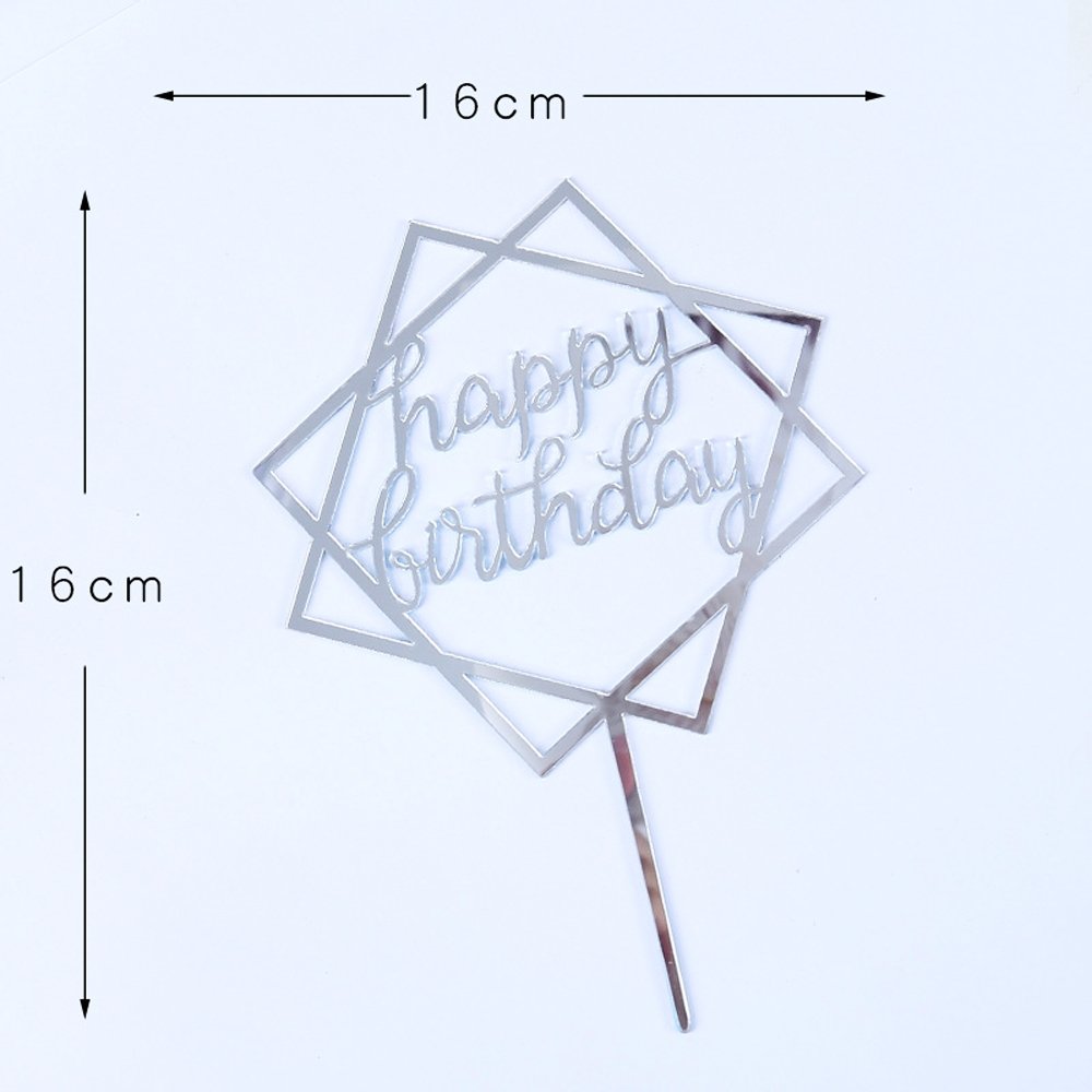 Happy Birthday Mirror Silver Square Cake Topper - TEM IMPORTS™