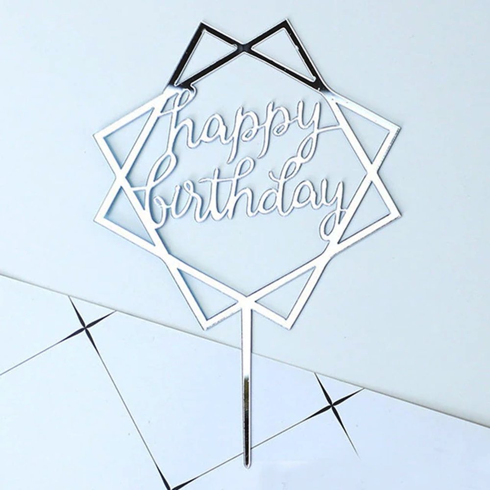 Happy Birthday Mirror Silver Square Cake Topper - TEM IMPORTS™