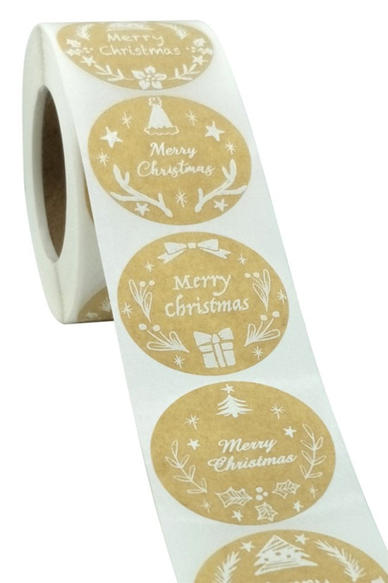 Kraft Label Stickers Roll White Print 'Merry Christmas' - TEM IMPORTS™