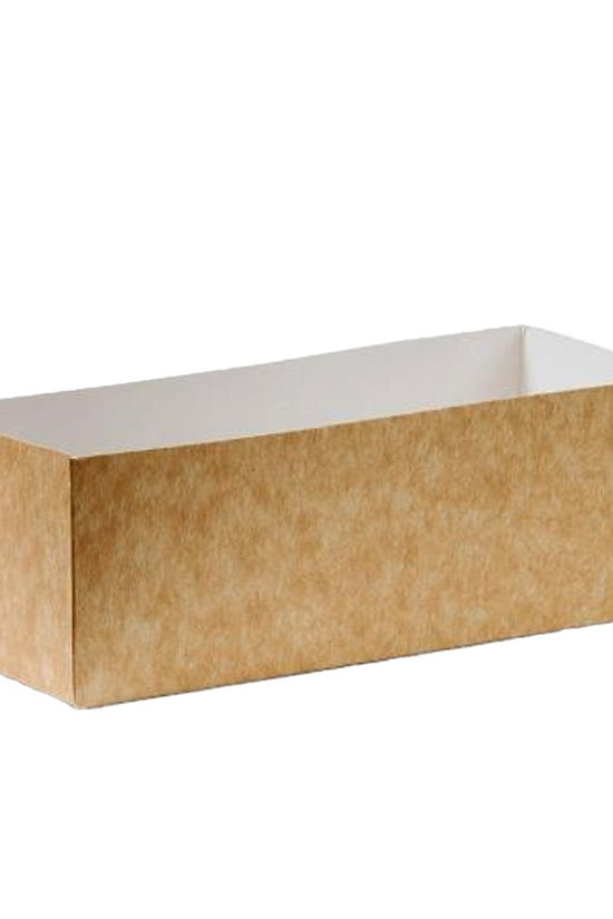 A rectangular cardboard burger holder with a kraft color.