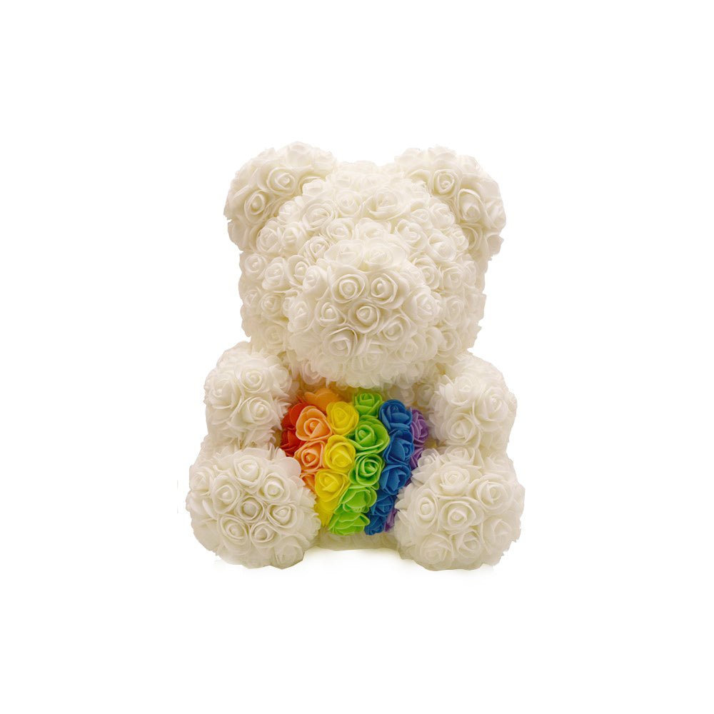 Luxury Rose Bear With Gift Box - White with Rainbow Heart - TEM IMPORTS™