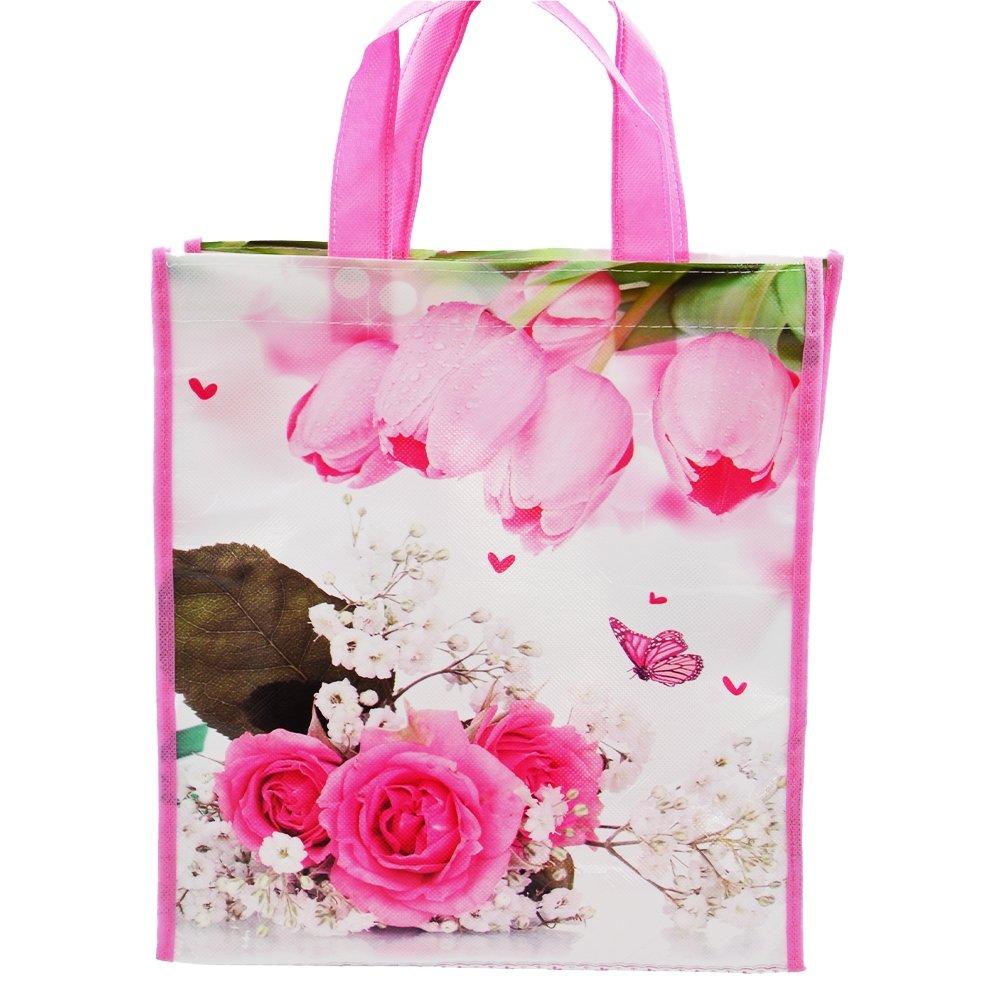 Medium Pink Tulips Coated Non Woven Bags - Pk10 - TEM IMPORTS™