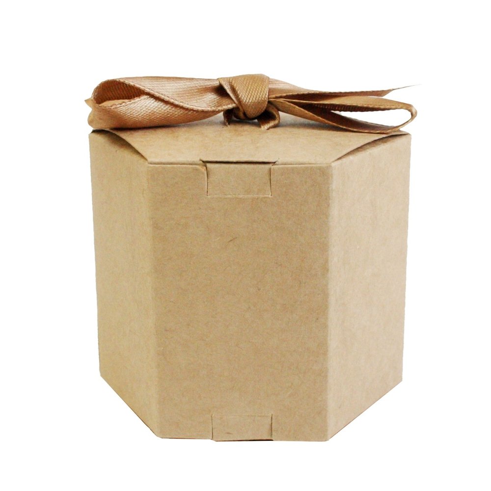 Mini Hexagon Kraft Brown Paper Box With Ribbon - TEM IMPORTS™