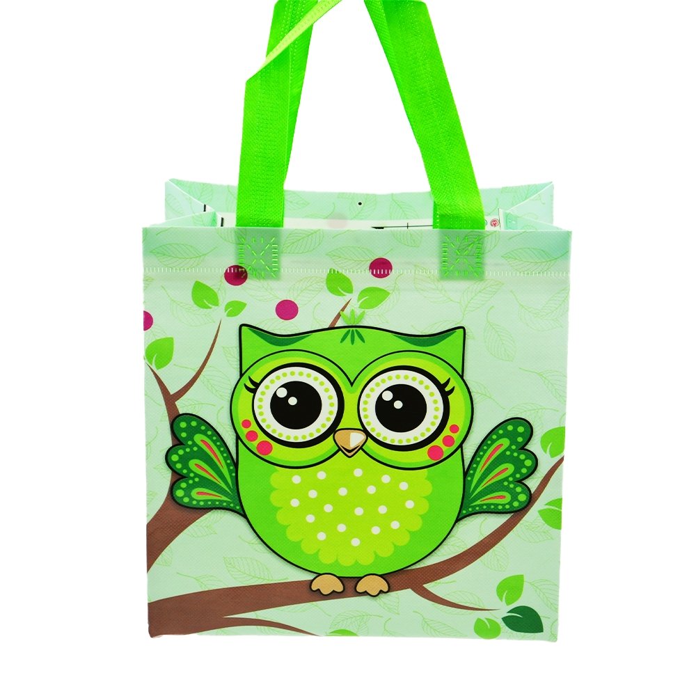 Small Green Owl Coated Non Woven Bags - Pk10 - TEM IMPORTS™