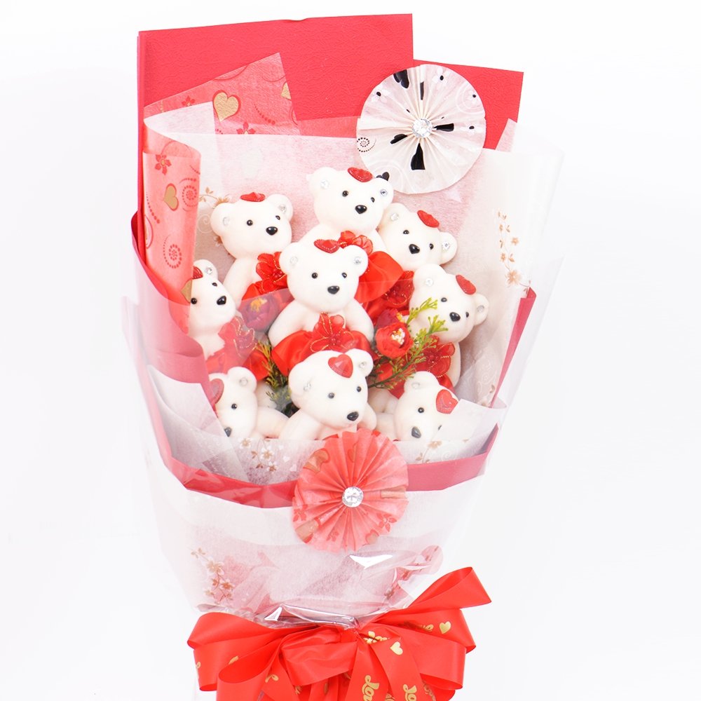 Valentine's Red Teddy Bear Bouquet With Cellophane - TEM IMPORTS™